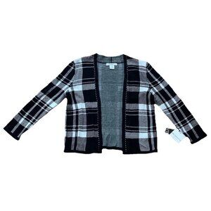 Liz Claiborne Women Cardigan Sweater Black Petite Medium Plaid Open Front NWT
